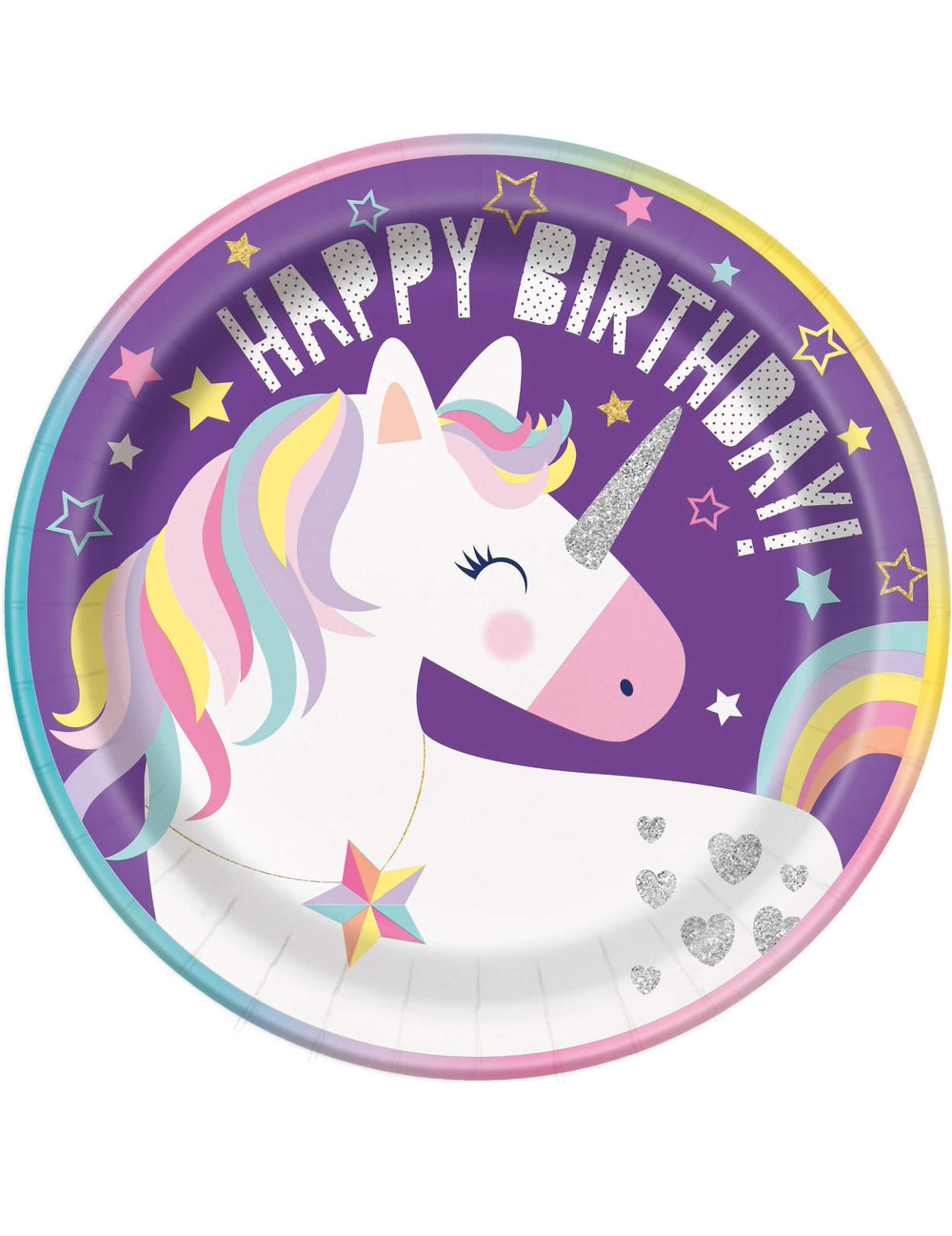 Karton tányérok Happy Birthday egyszarvúak partyhoz, lány születésnapja alkalmára, lila színben, csillámos részletekkel