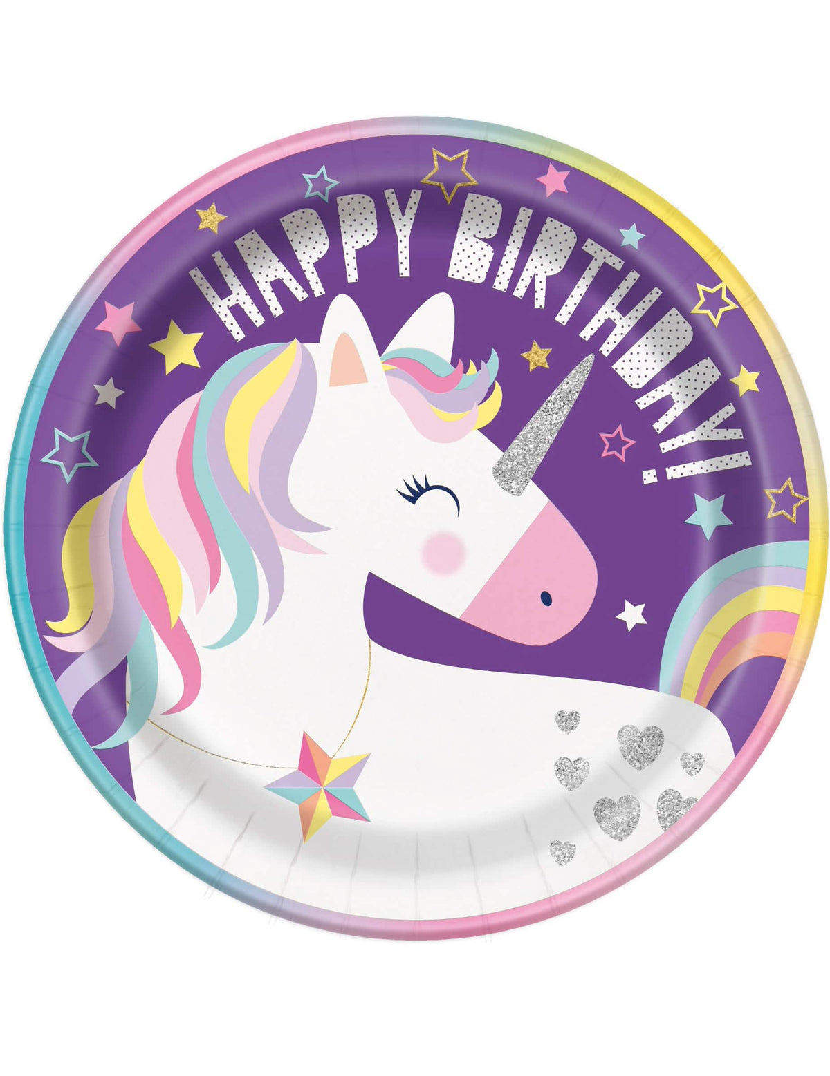 Karton tányérok Happy Birthday egyszarvúak partyhoz, lány születésnapja alkalmára, lila színben, csillámos részletekkel