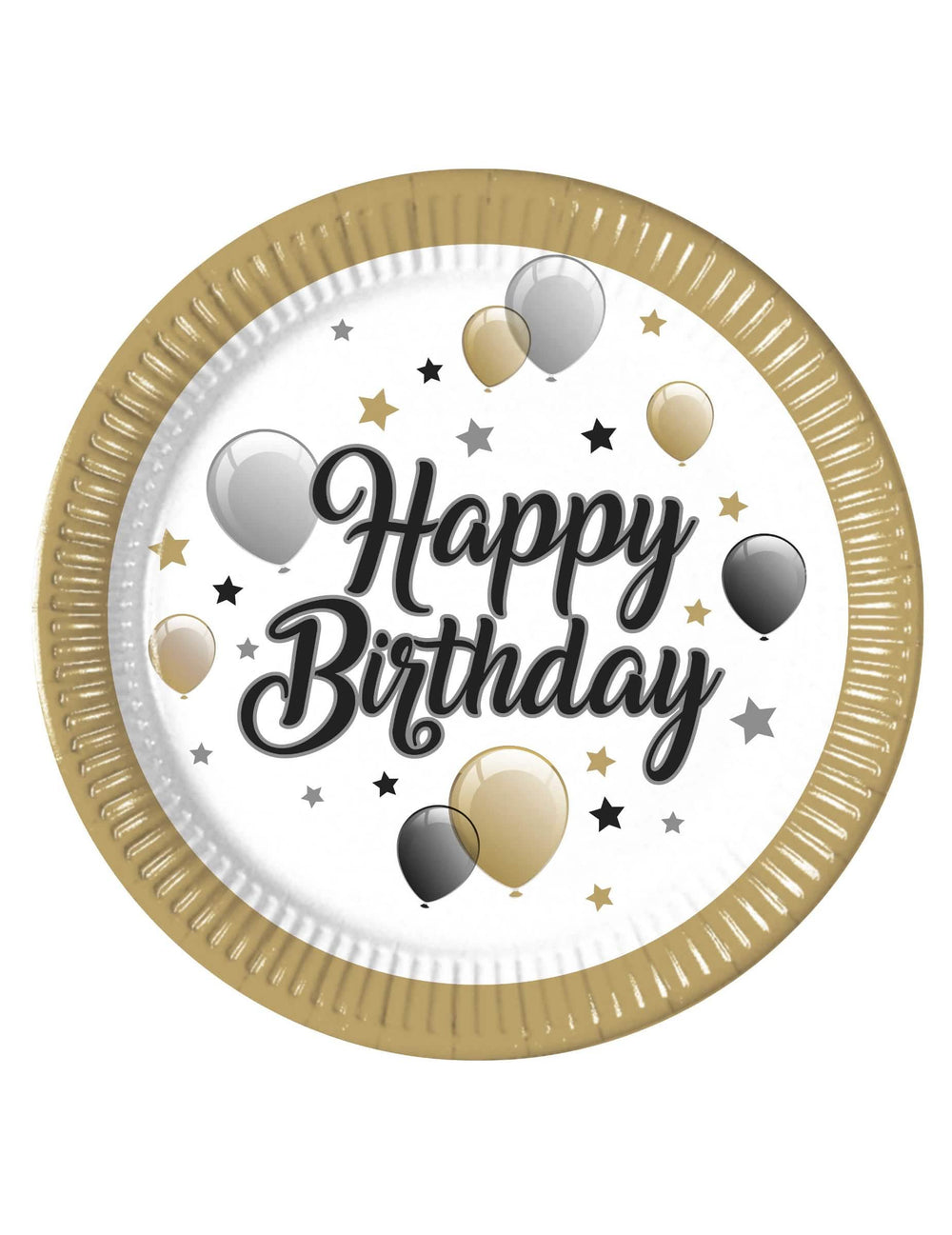 Kartontányérok Happy Birthday arany, fekete és ezüst születésnapra