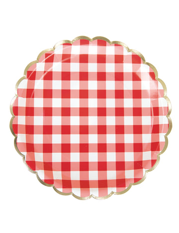 Assiettes festonnées en carton vichy rouge et blanc avec bordure dorée