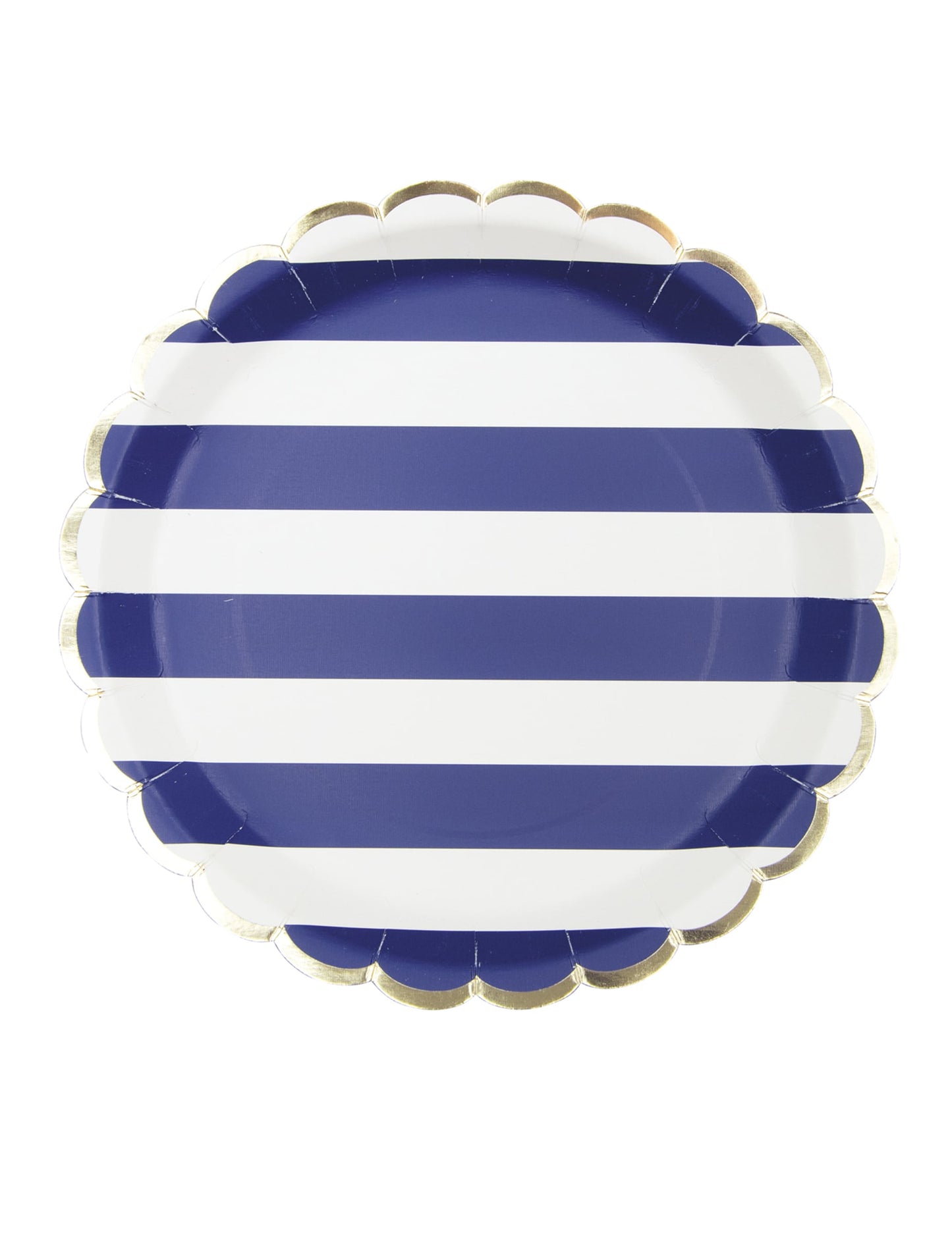 Assiettes festonnées en carton marinière pour fête bleu marine et blanc avec bord doré