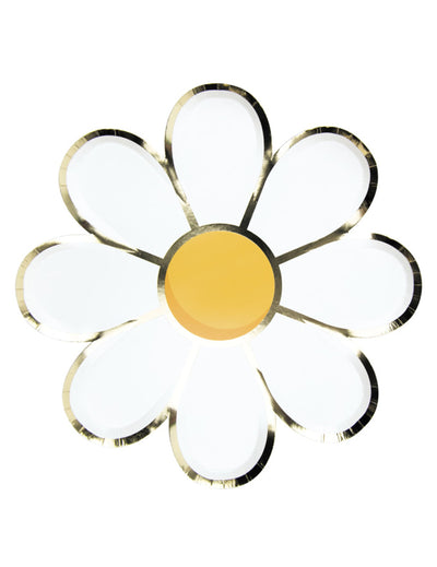 Assiettes en carton Marguerite blanches et dorées avec centre jaune