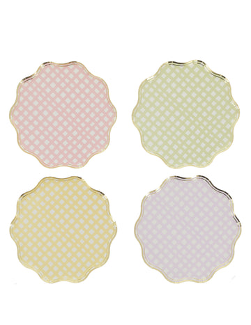 8 db 23 cm-es papírtányér lila, rózsaszín, sárga, zöld és arany színben, pasztell kockás mintával díszítve