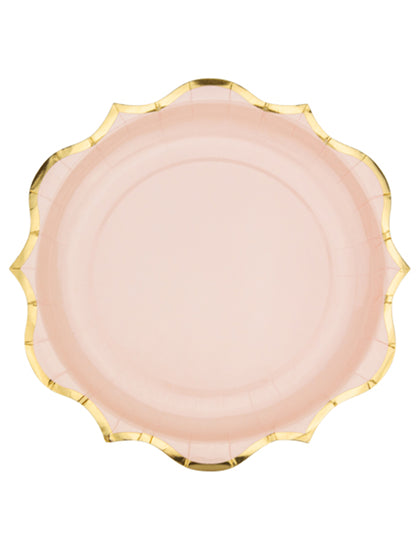 8 db púderrózsaszín kartontányér arany szegéllyel, 23 cm