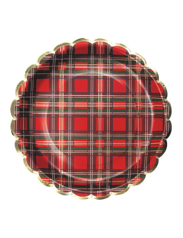 8 karácsonyi tartan mintás, kagylós kartontányér 23 cm arany szegély