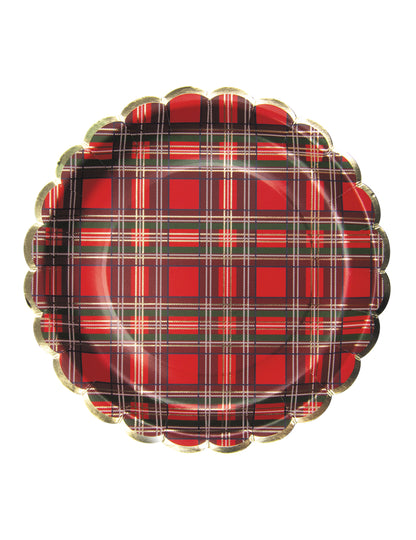 8 karácsonyi tartan mintás, kagylós kartontányér 23 cm arany szegély