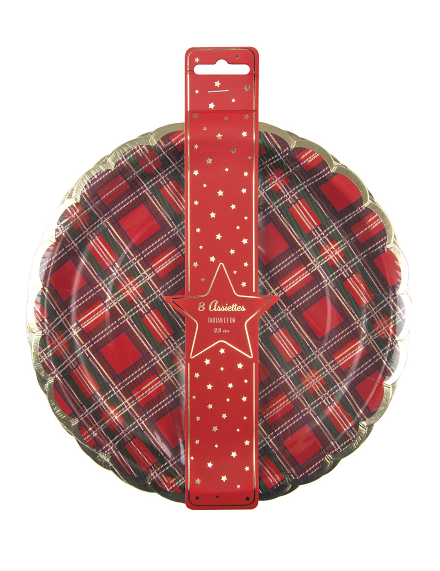 8 karácsonyi tartan mintás, kagylós kartontányér 23 cm arany szegély