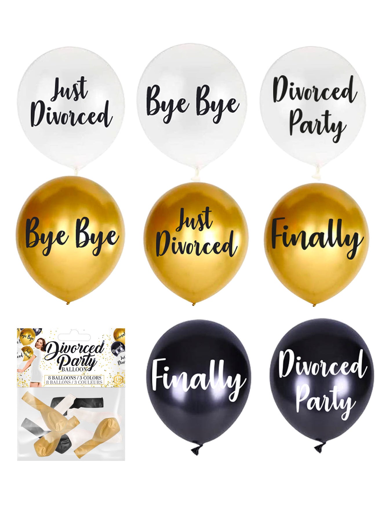8 fekete, fehér és arany színű elvált parti lufi