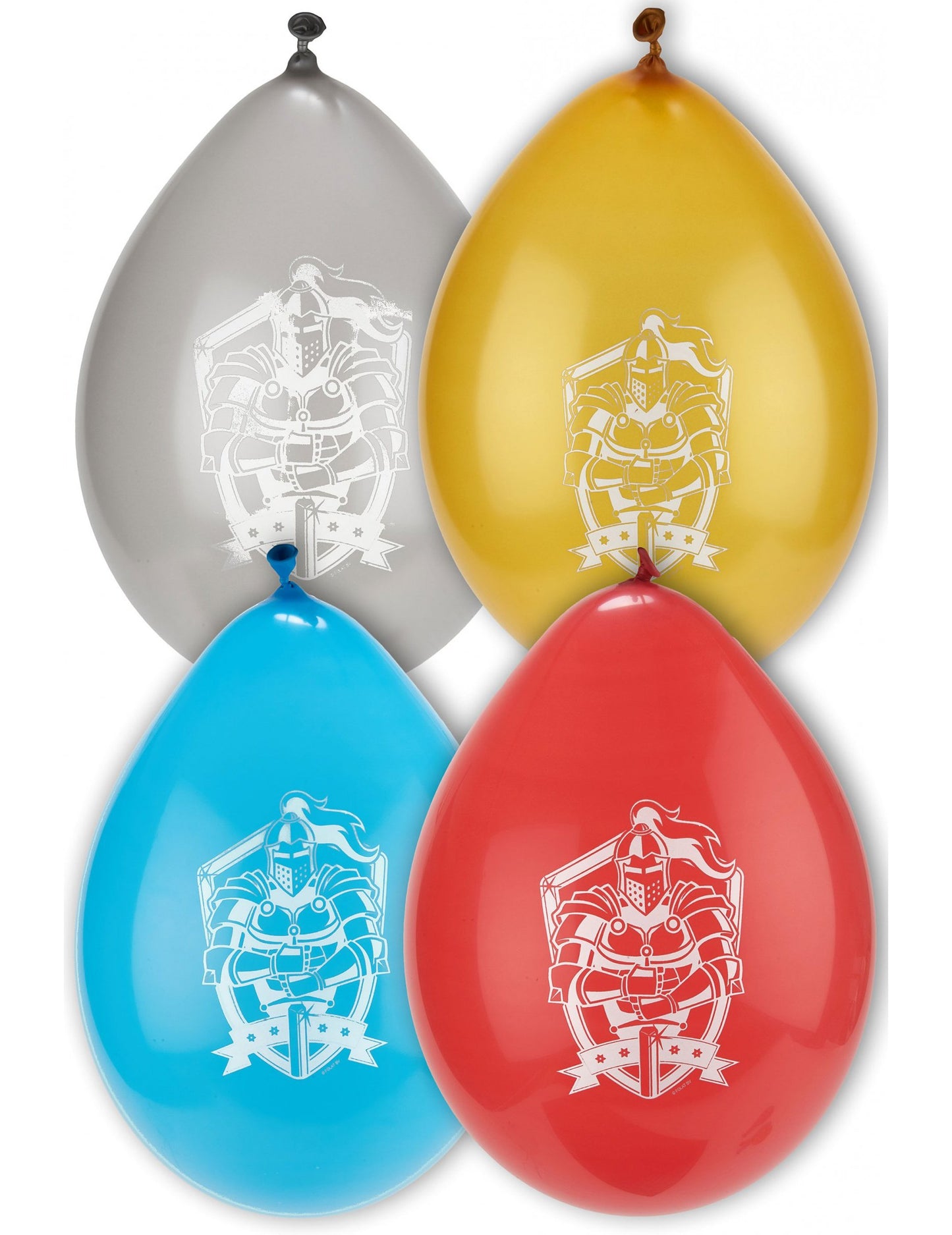 Ballons en latex chevaliers multicolores argent or bleu et rouge avec motif blanc