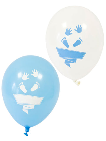 8 fehér és kék latex lufi lábbal és kézzel 30 cm babaváró buli