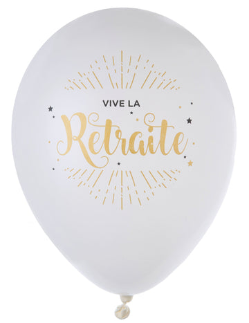 8 latex lufi, "Boldog nyugdíjas éveket" fehér és metál arany, 23 cm dekorációhoz