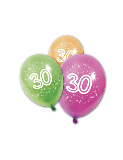 Ballons en latex anniversaire 30 ans multicolores avec imprimé blanc