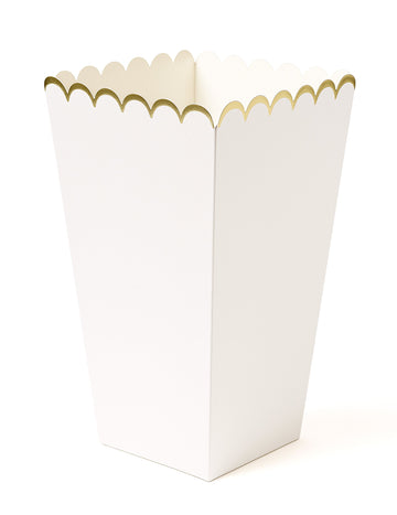 8 boîtes à pop corn blanc et or 12,5 x 7 cm festonnées