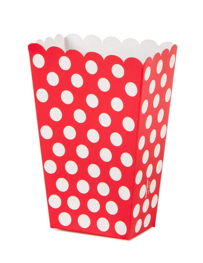 8 kartondoboz piros pattogatott kukoricával, fehér pöttyökkel