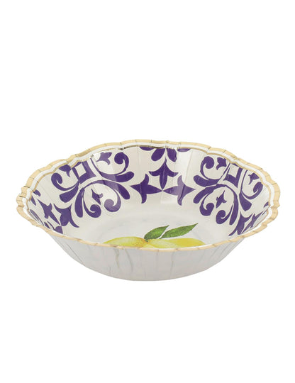 8 citrom alakú kartontál királykék, sárga, fehér és arany színben, 13,5 cm, mediterrán virágmintával