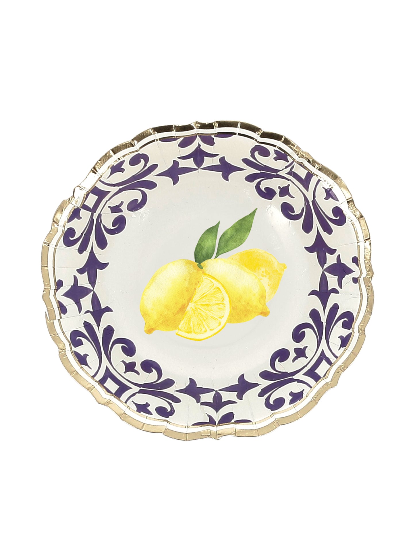 8 citrom alakú kartontál királykék, sárga, fehér és arany színben, 13,5 cm, mediterrán virágmintával