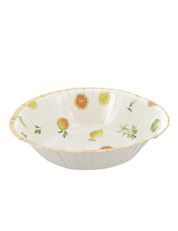 8 citrusos pezsgőtál, kartonból, krém, narancs, sárga és arany színben, 13,5 cm, gyümölcsös díszítéssel