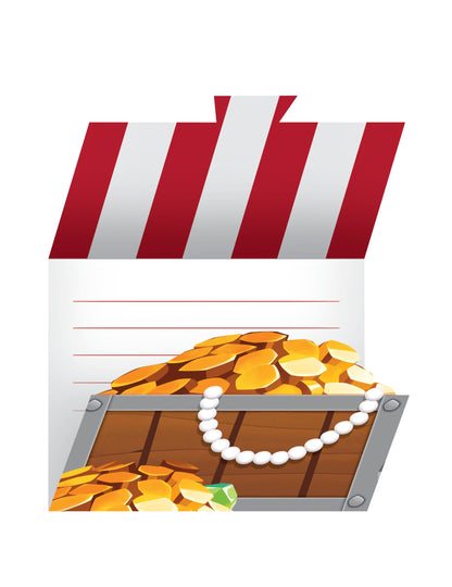 8 kalóz kincsesláda alakú meghívókártya borítékokkal