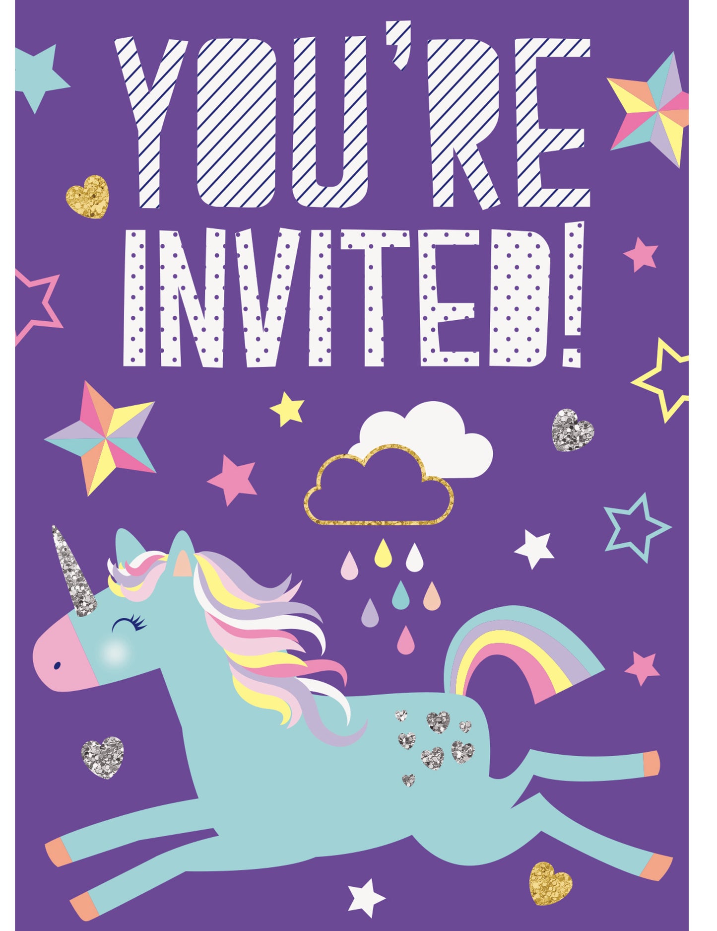 Carton d'invitation licorne pour anniversaire violette avec arc-en-ciel