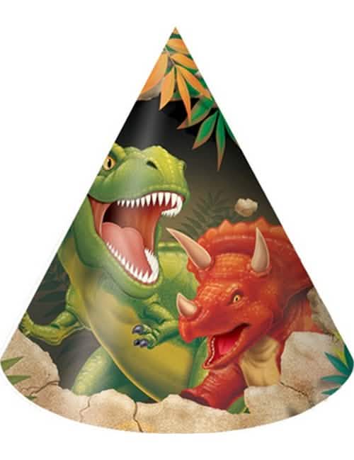 Papír dinós születésnapi partij kalapok T-Rex és Triceratops mintával