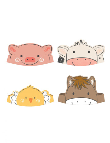 8 kartonból készült partikalap egy farm témájú, állatokkal tarkított születésnapi bulira