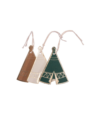 8 kartoncímke, tipi, indián erdő, kraft, zöld, elefántcsont, aranyfólia, zsinórral