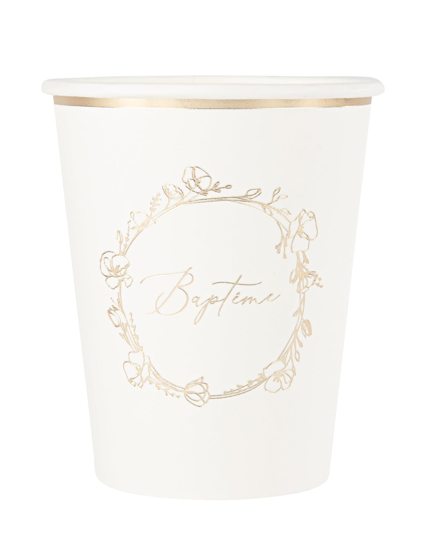 Gobelets en carton baptême blanc et fleurs dorées