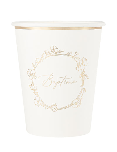Gobelets en carton baptême blanc et fleurs dorées