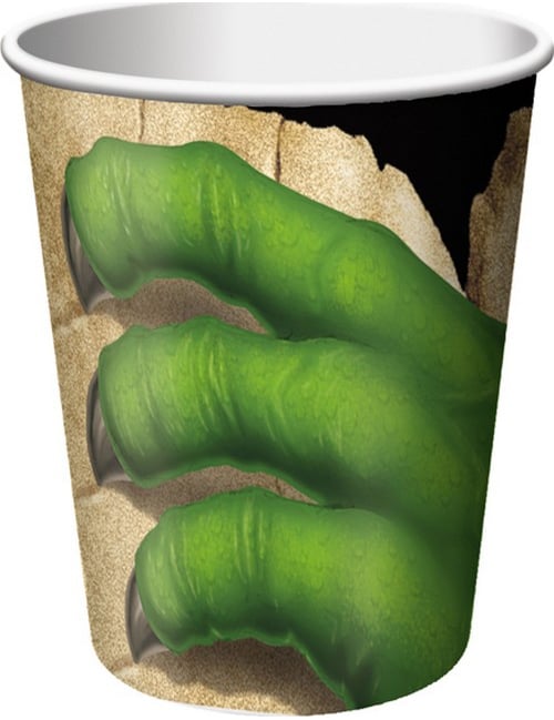Gobelets en carton Anniversaire Dinosaures pour enfant vert avec motif de griffe