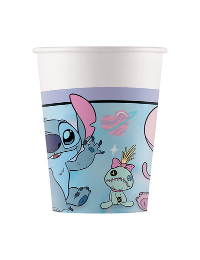 Gobelets en carton Angel et Stitch pour fête bleus avec motifs de Stitch et Souillon