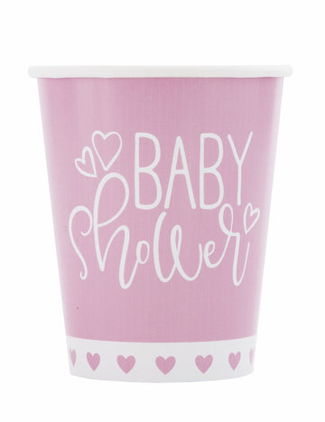 8 db rózsaszín és fehér, 266 ml-es karton babaváró pohár szívecskékkel