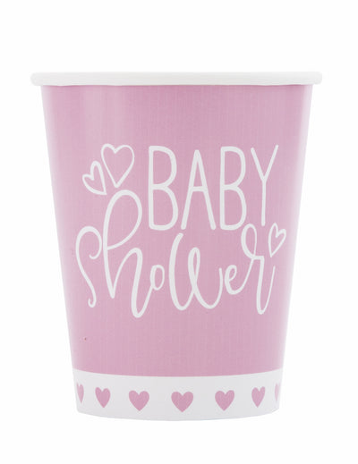 Gobelets en carton baby shower roses et blancs à motifs cœurs
