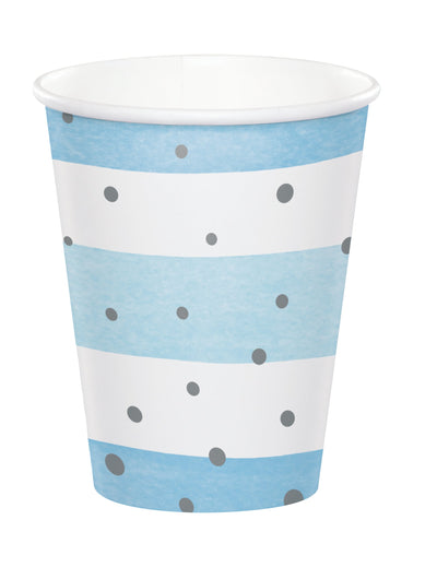 Gobelets en carton à rayures pour fête bleus et blancs à pois argent