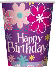 Gobelets en carton Happy Birthday pour fête violets fleuris