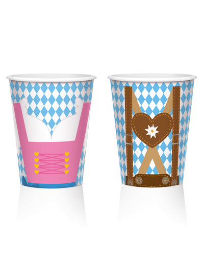 Gobelets en carton fête de la bière bleu et blanc avec motifs Dirndl et Lederhosen