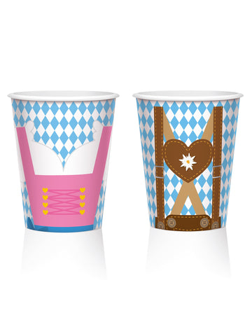 Gobelets en carton fête de la bière bleu et blanc avec motifs Dirndl et Lederhosen