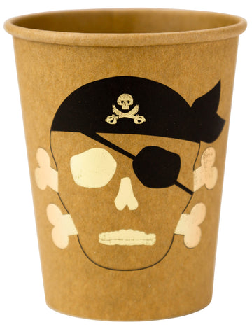 8 kraftpapír kalózpohár arany szegéllyel, 255 ml, halálfej és keresztbe tett csont mintával