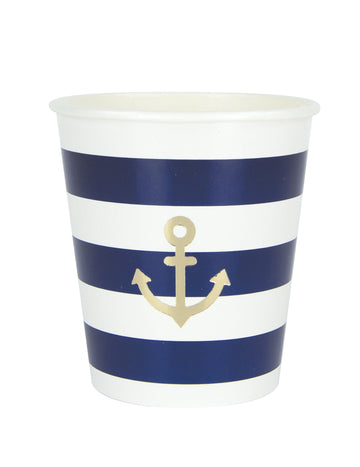 8 db kagylós kartonpohár, 200 ml, tengerész csíkos mintával és arany horgonnyal