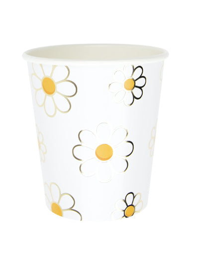 Gobelets en carton Marguerite blancs avec motifs de fleurs jaunes et dorées