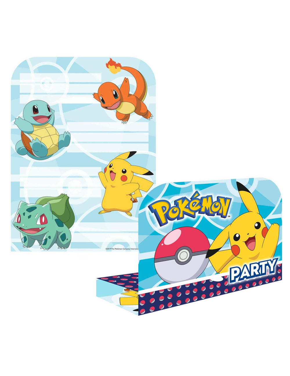 Pokémon gyermek meghívók és borítékok kék színben Pikachuval, Salamèche-csel, Carapuce-szal és Bulbizarre-ral