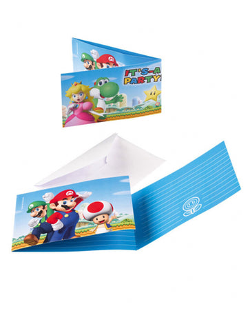 Invitations et enveloppes Super Mario pour enfant bleues avec personnages et enveloppes blanches