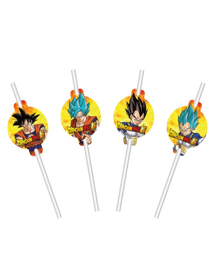 Pailles en papier avec médaillons Dragon Ball Z pour enfant blanches et jaunes avec Goku et Vegeta