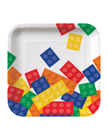 8 kis négyzet alakú építőjátékos papírtányér, 18 cm 