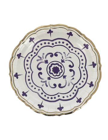 8 db kis királykék, fehér és arany kartontányér, 18 cm, mediterrán mintával