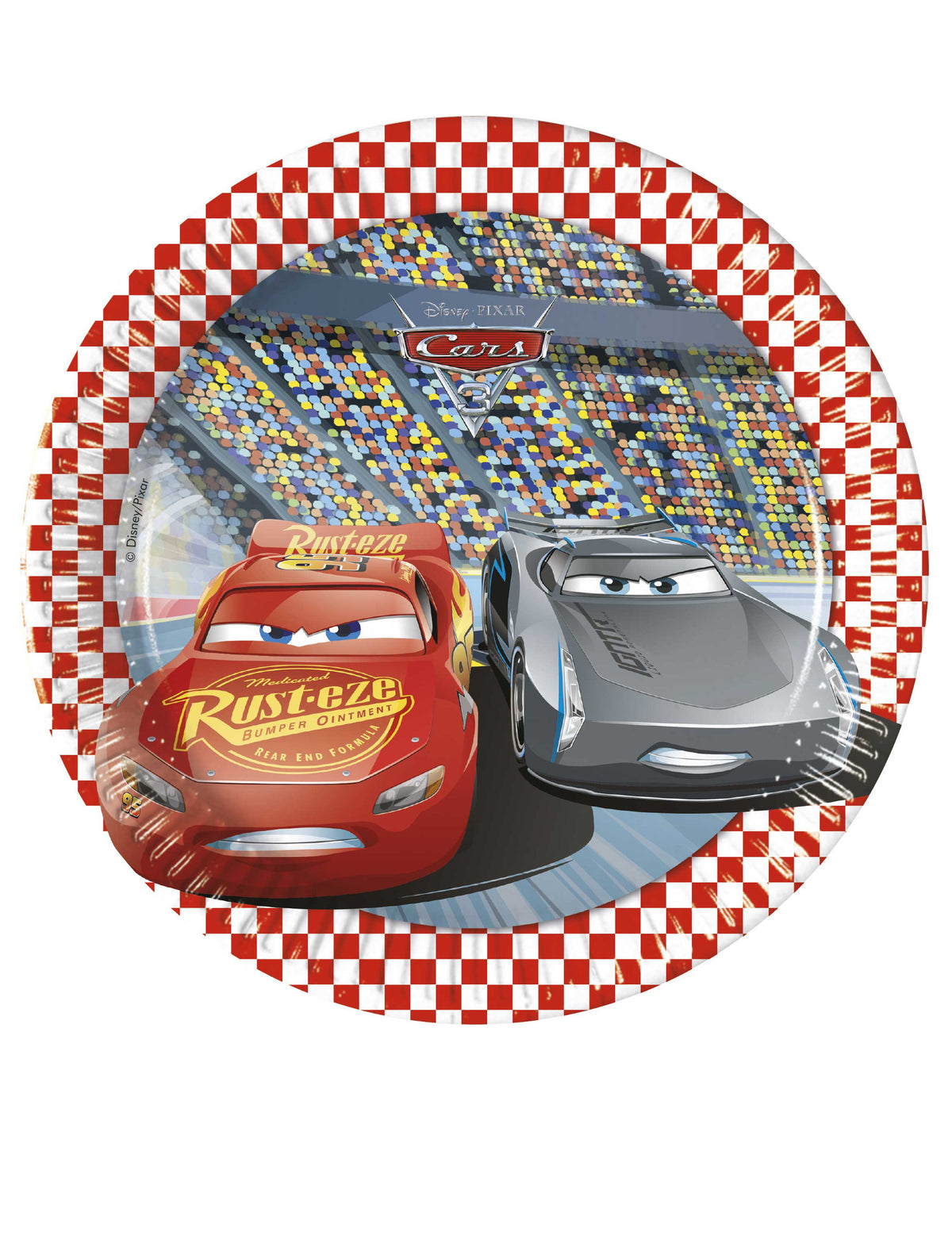 Assiettes en carton Cars 3 pour enfant rouge et grise avec bordure damier