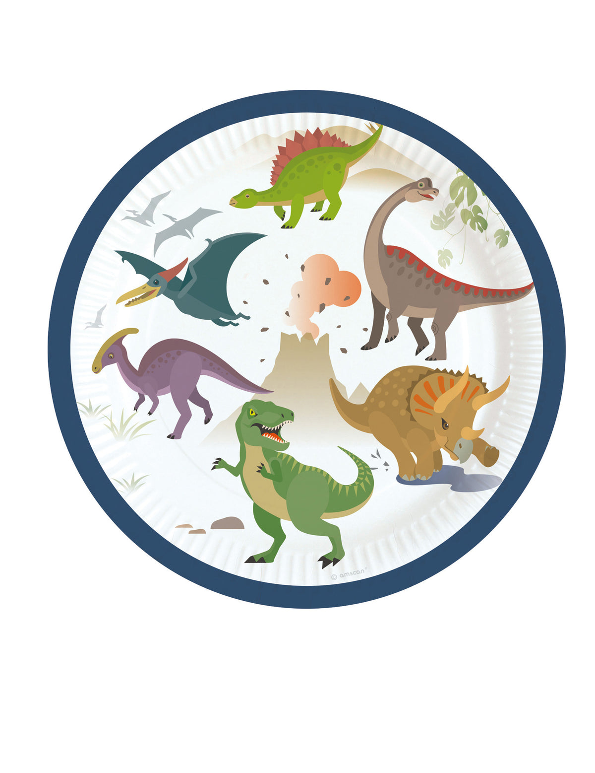 Assiettes en carton grands dinosaures pour anniversaire avec motifs de dinosaures colorés et volcan