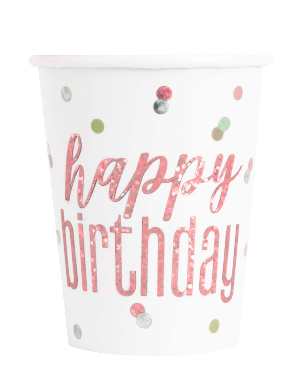 Karton poharak Happy Birthday születésnapra, fehér és rózsaszín, csillámos, pöttyös