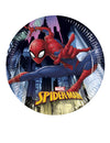 Assiettes en carton Spiderman pour anniversaire bleu et rouge avec décor de ville