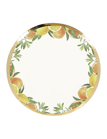 8 db kis Fizz citrusos kartontányér, krém, narancs, sárga és arany színben, 18 cm, gyümölcsös díszítéssel