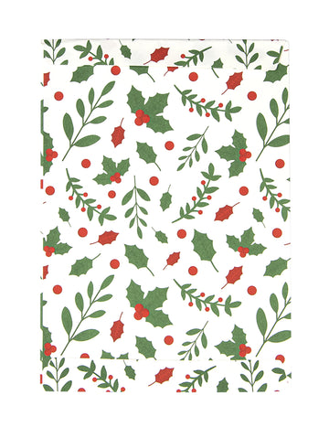 Pochettes cadeaux houx de Noël en papier blanc à motifs rouges et verts
